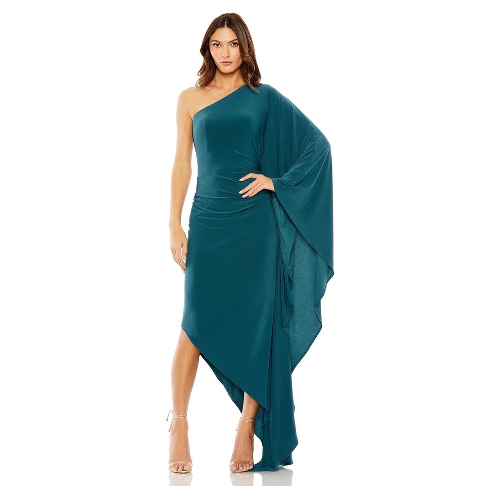 Ieena for Mac Duggal 20673 One Shoulder Cape Sleeve High Low Dress Ocean Sz Sm